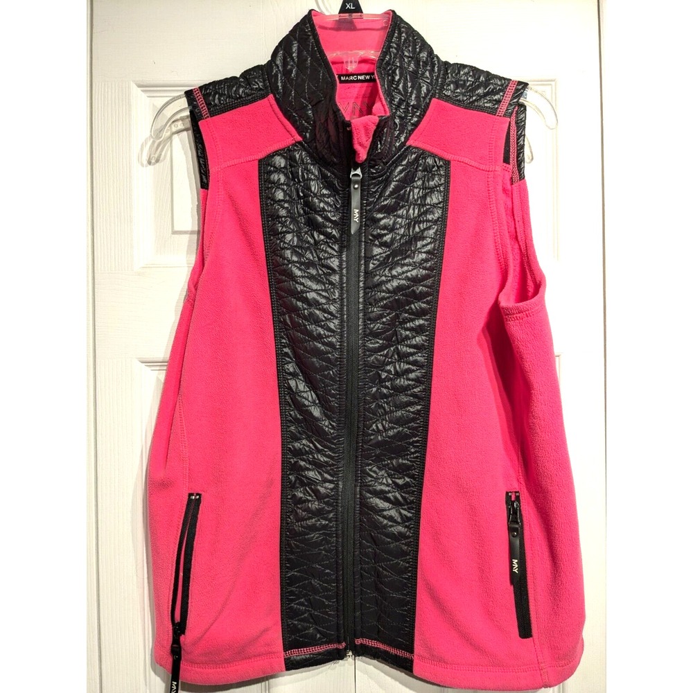 Marc New York Fleece/Quilted 80's Style Vest Zip Up Hot Pink/Black Women Sz: XL